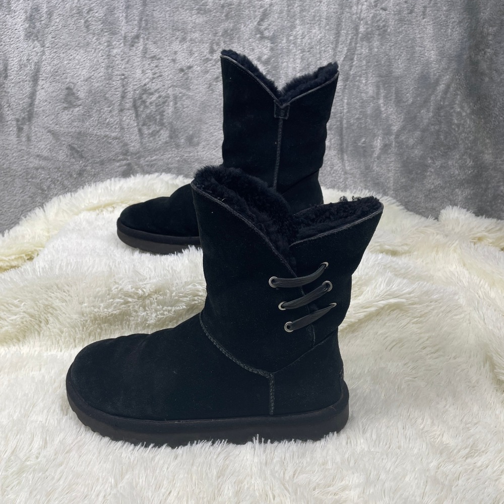 UGG 1018629 Boots Womens 8 Black Very Good Suede Shearling‎ Split Shaft Lace Up